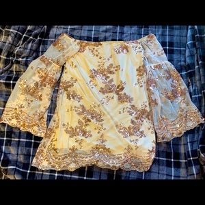 GOLDEN GODDESS SEQUIN OFF SHOULDER DRESS